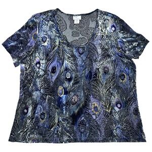 VTG Velvet Burnout Peacock‎ Feather Print Stretch Top XL